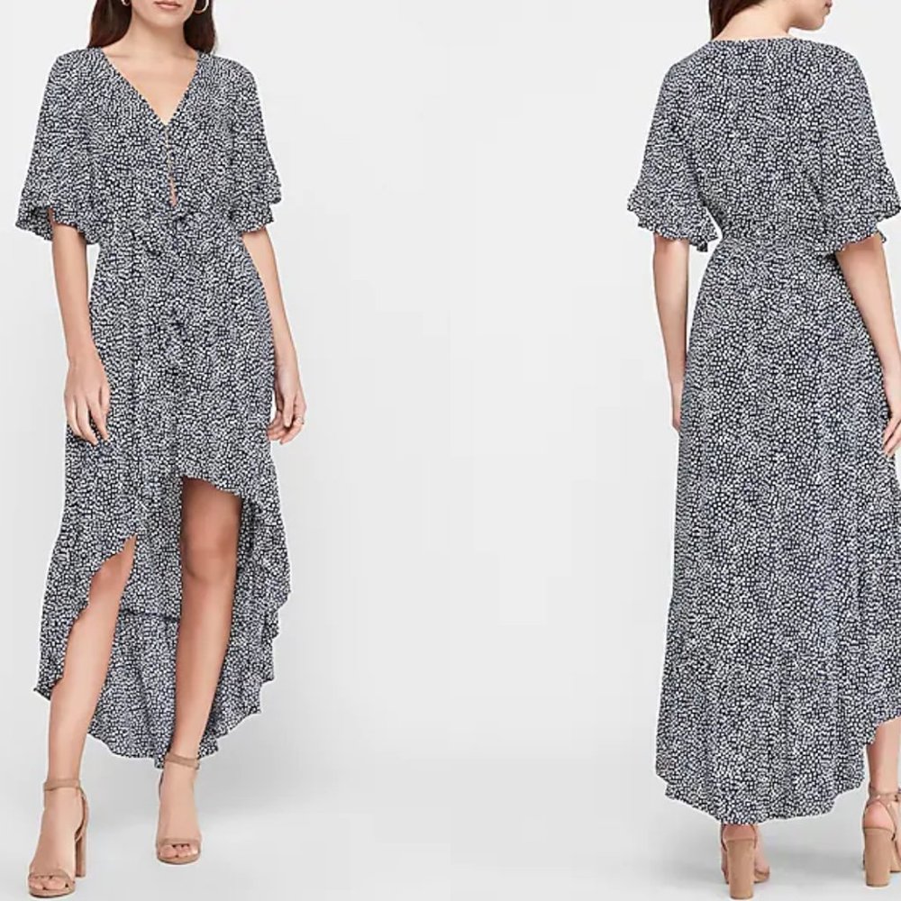 NWT Printed Flutter Sleeve Hi-Lo Maxi Dress